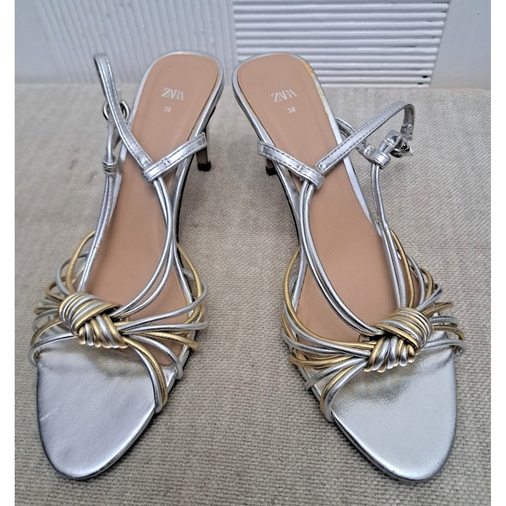 Zara High Heel Sandals Size 7.5/38 Silver Gold Ankle Strappy